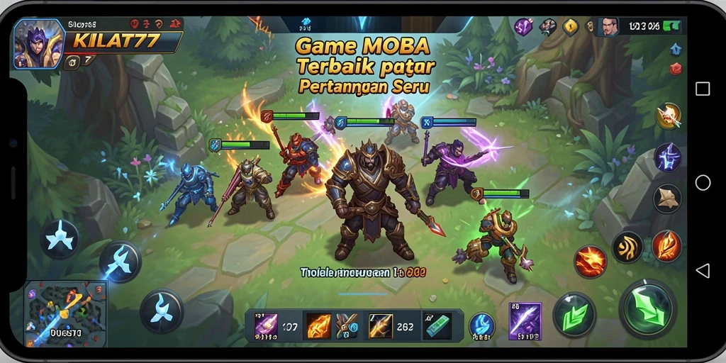 Screenshot gameplay KILAT77 menampilkan pertarungan seru antar karakter MOBA.