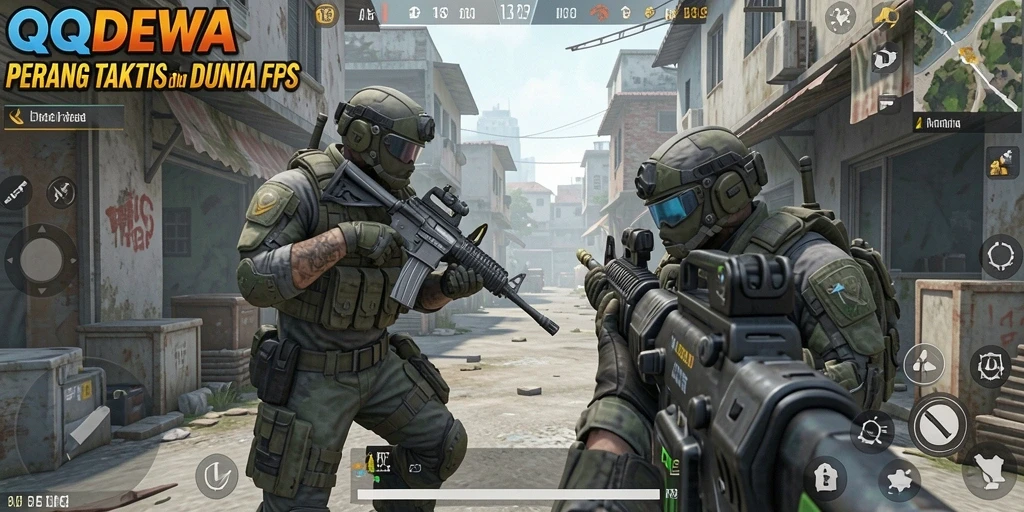 Screenshot gameplay QQDEWA menunjukkan aksi tembak-menembak yang intens.