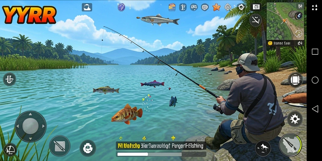 Screenshot gameplay YYRR yang menampilkan aksi memancing seru.